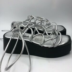 SOLD Free People Georgie Silver Metallic Lace-Up Wrap Platform Sandals - Size 39